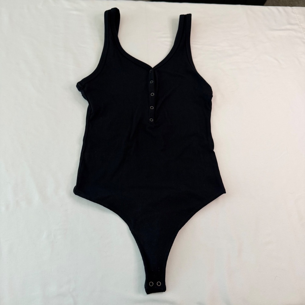 Abercrombie & Fitch Soft AF Ribbed Henley Bodysuit Black Small Sleeveless Tank